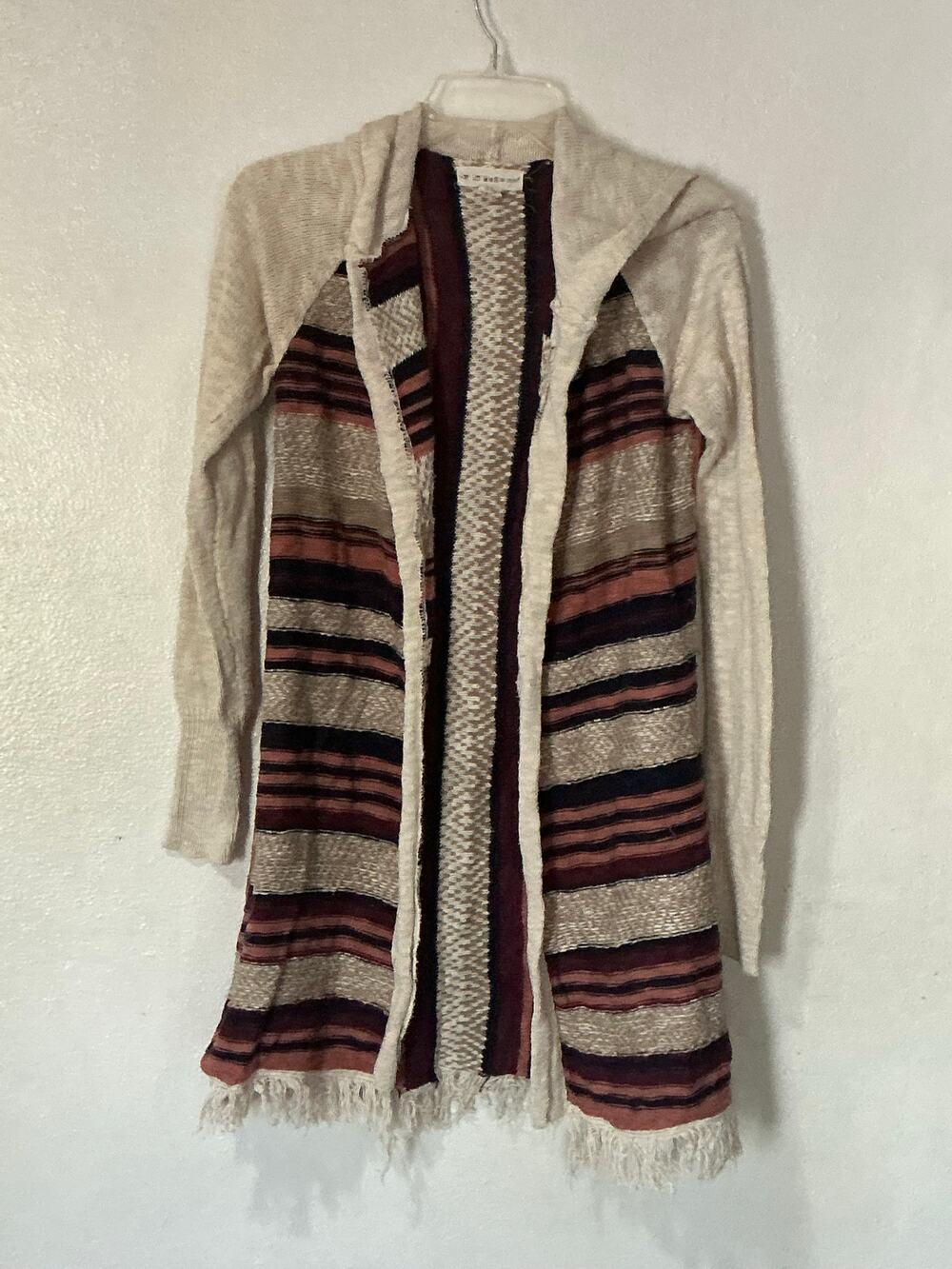 It Were Me" brand hooded, long, striped cardigan sweater with fringe size m